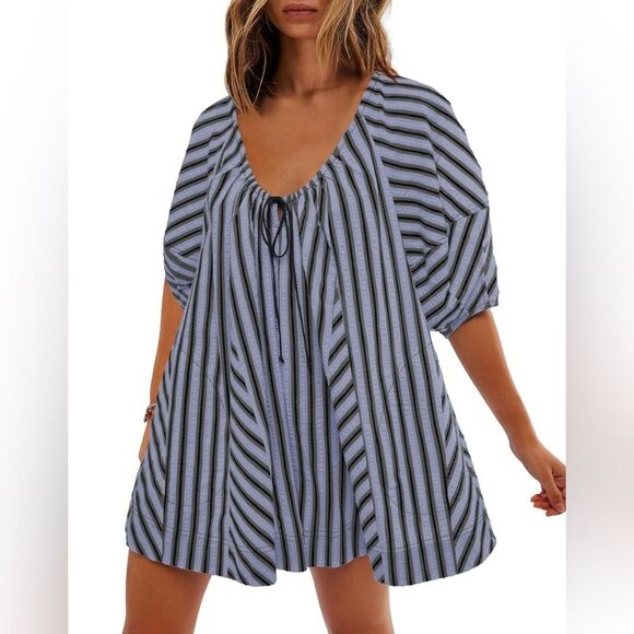 SENSERISE Womens Striped Romper Puff Sleeve Black Blue-Gray Pockets XL - Picture 1 of 7